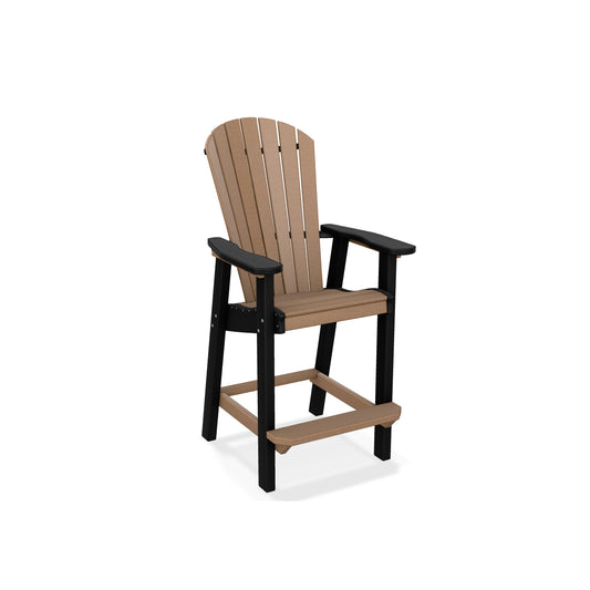 Wooden chair with brown seat and backrest and black armrests and legs on a white background